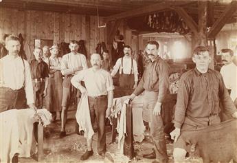 (LEATHER WORKERS) A suite of 12 early photographs depicting workers in a Boston, Massachusetts leather tannery, many with one leg cloth
